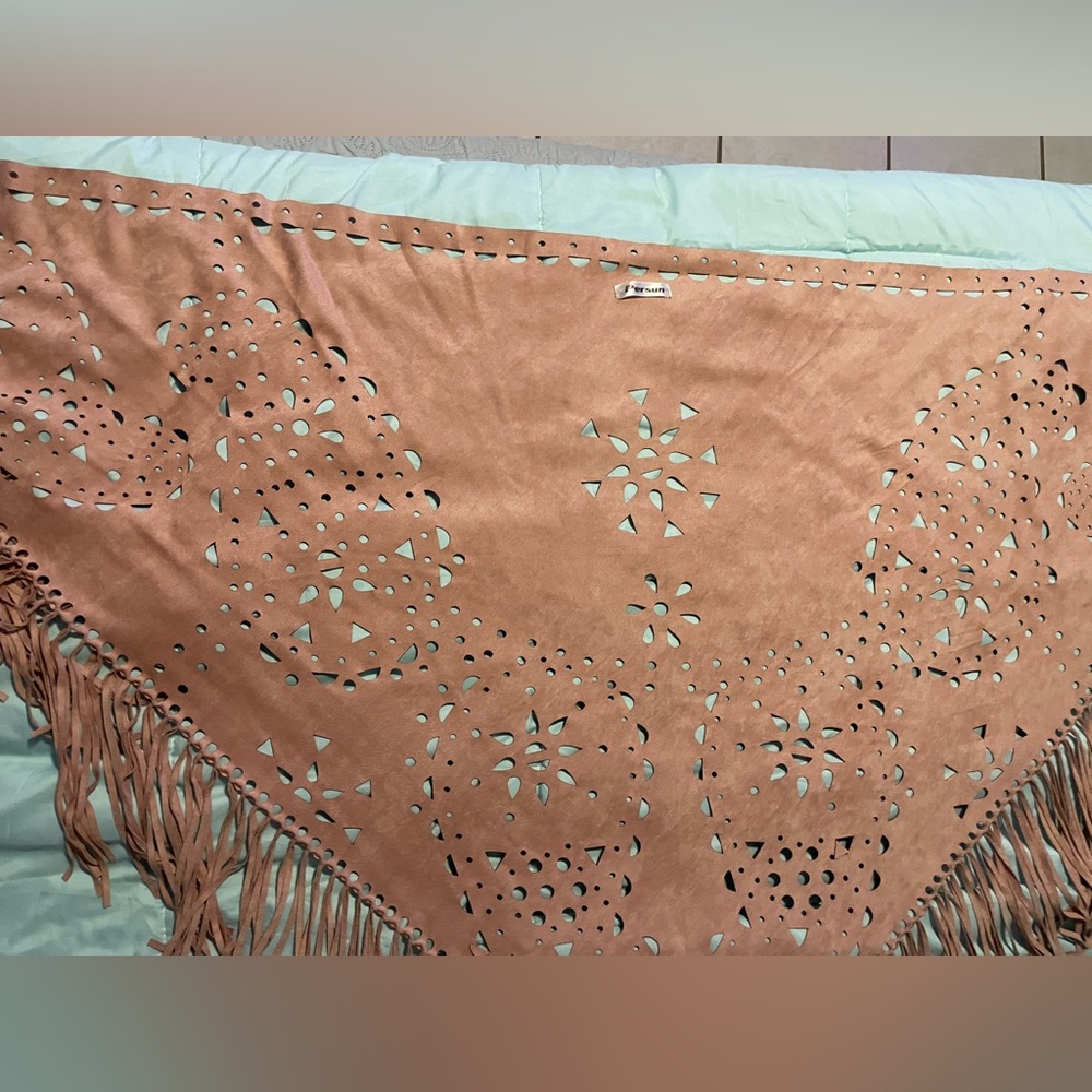 PERSUN Women's Faux Suede Kimono Cape Fringed Asymmetric Cover up